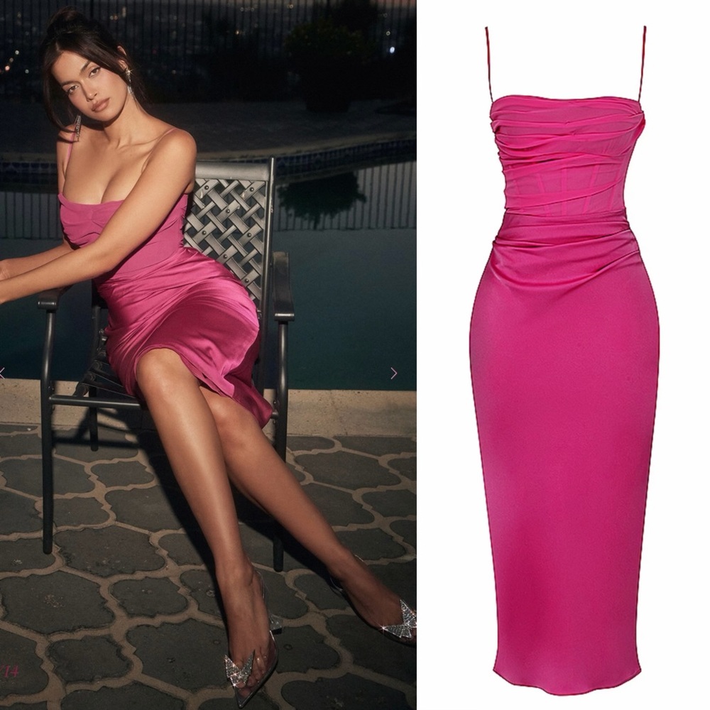 House of CB TEIA Hot Pink Draped Corset Midi Dress